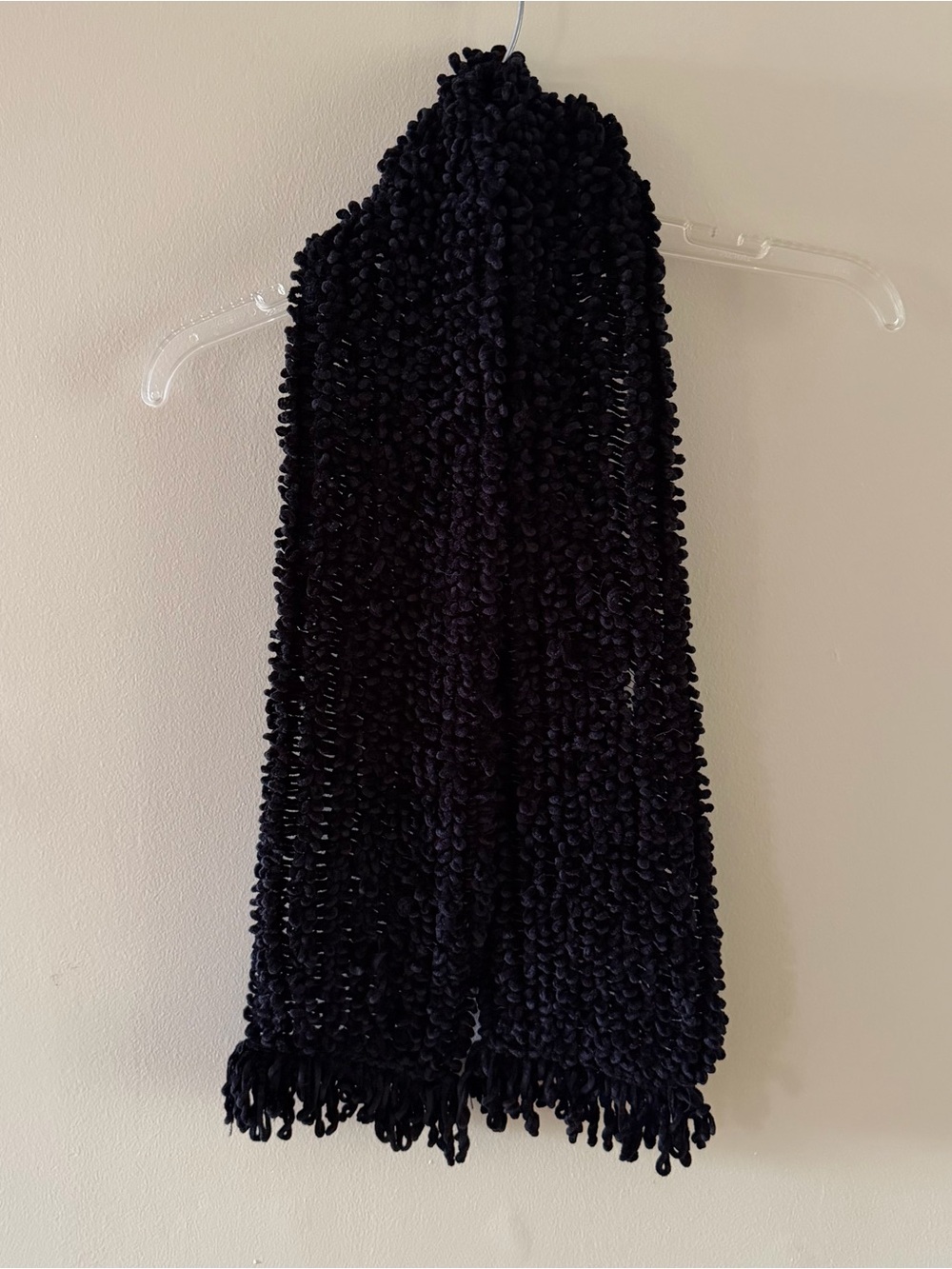 Black Chenille Loop Knit Scarf Textured Fringe Long Soft Acrylic 50”